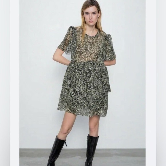 ZARA Leopard Print Tiered Tulle Mini Dress NWT - Picture 3 of 12
